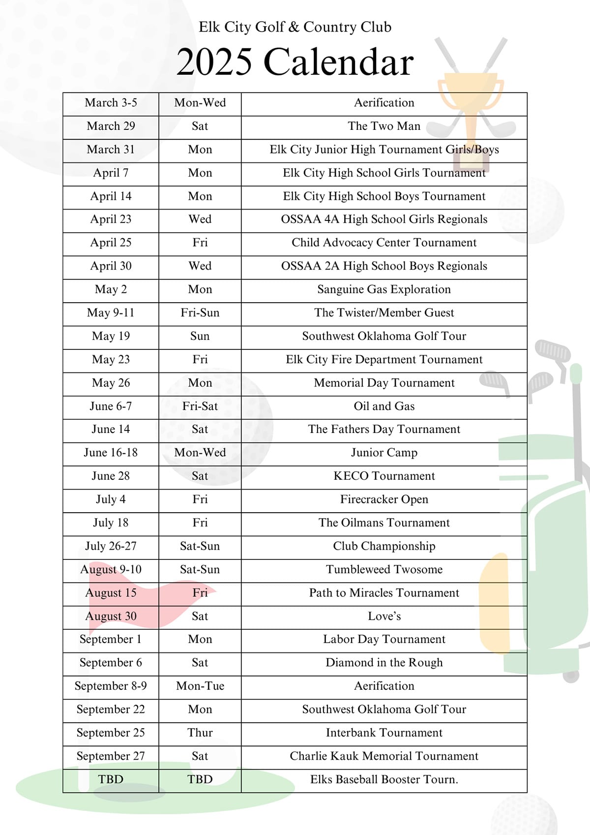 Elk City Golf & Country Club 2025 Calendar listing tournaments, camps, and special events by month.