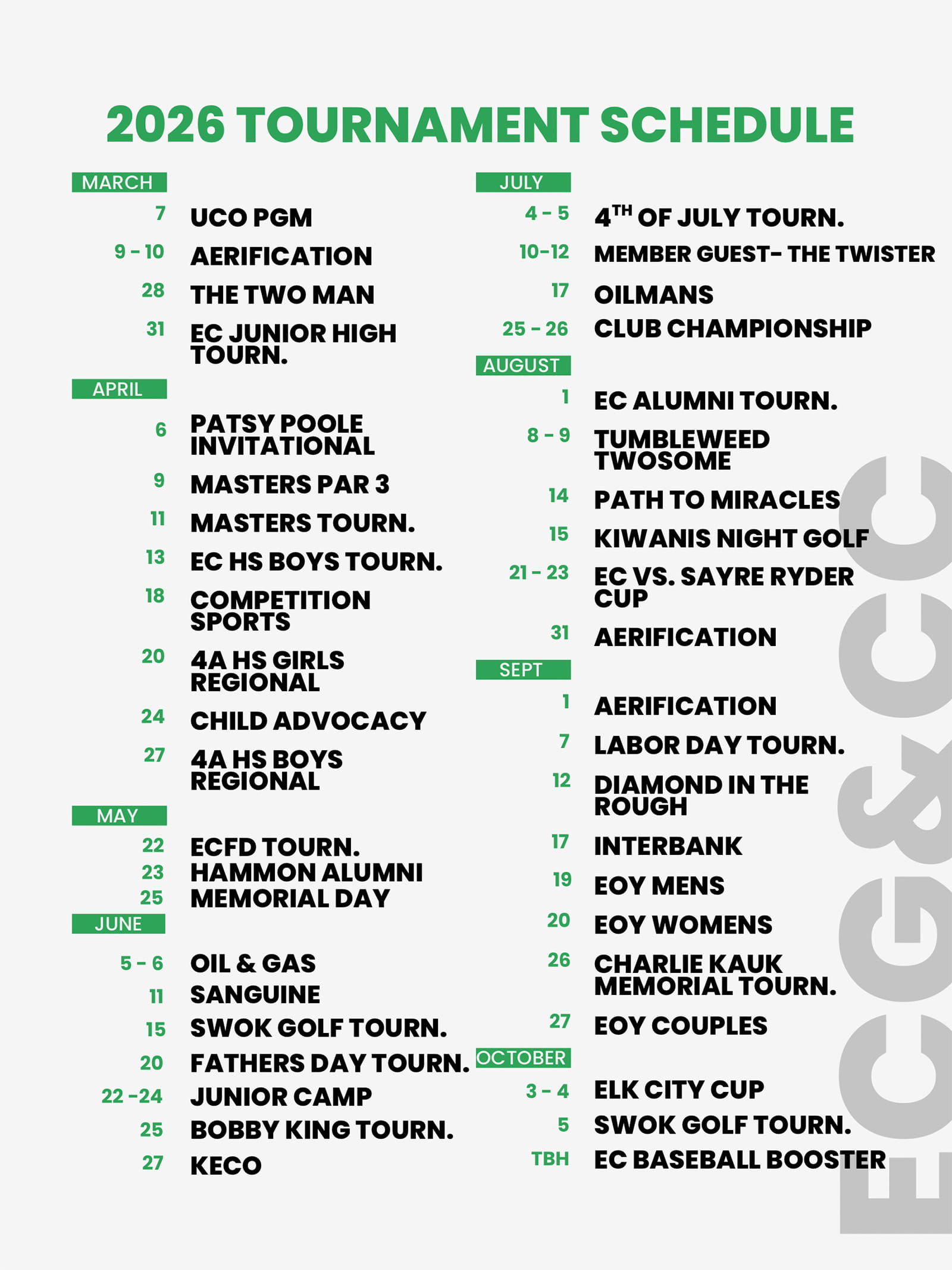 2026 Tournament Schedule for Elk City Golf and Country club