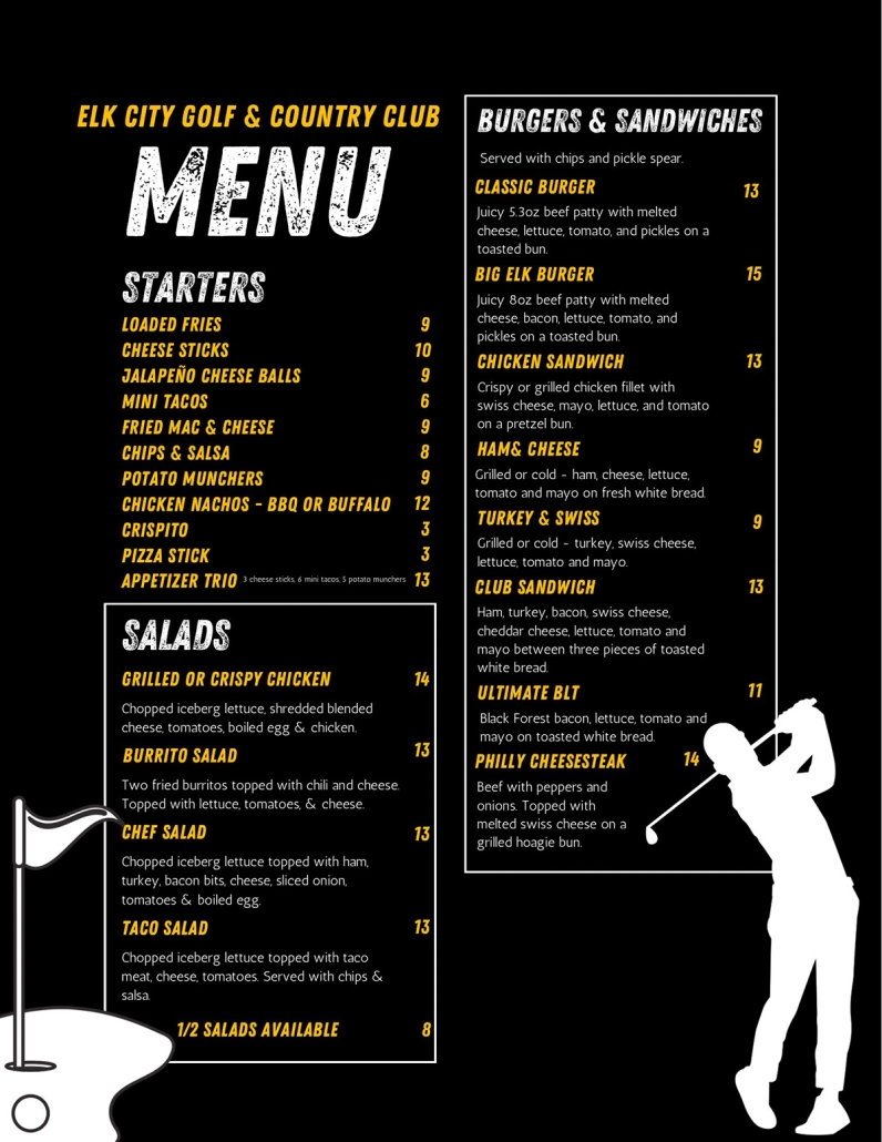 Elk City Golf & Country Club grill menu featuring appetizers, salads, burgers, and sandwiches with prices.