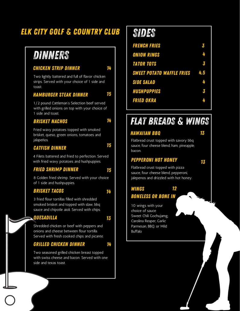 Elk City Golf & Country Club dinner menu featuring chicken, catfish, shrimp, brisket tacos, sides, flatbreads, and wings with prices.